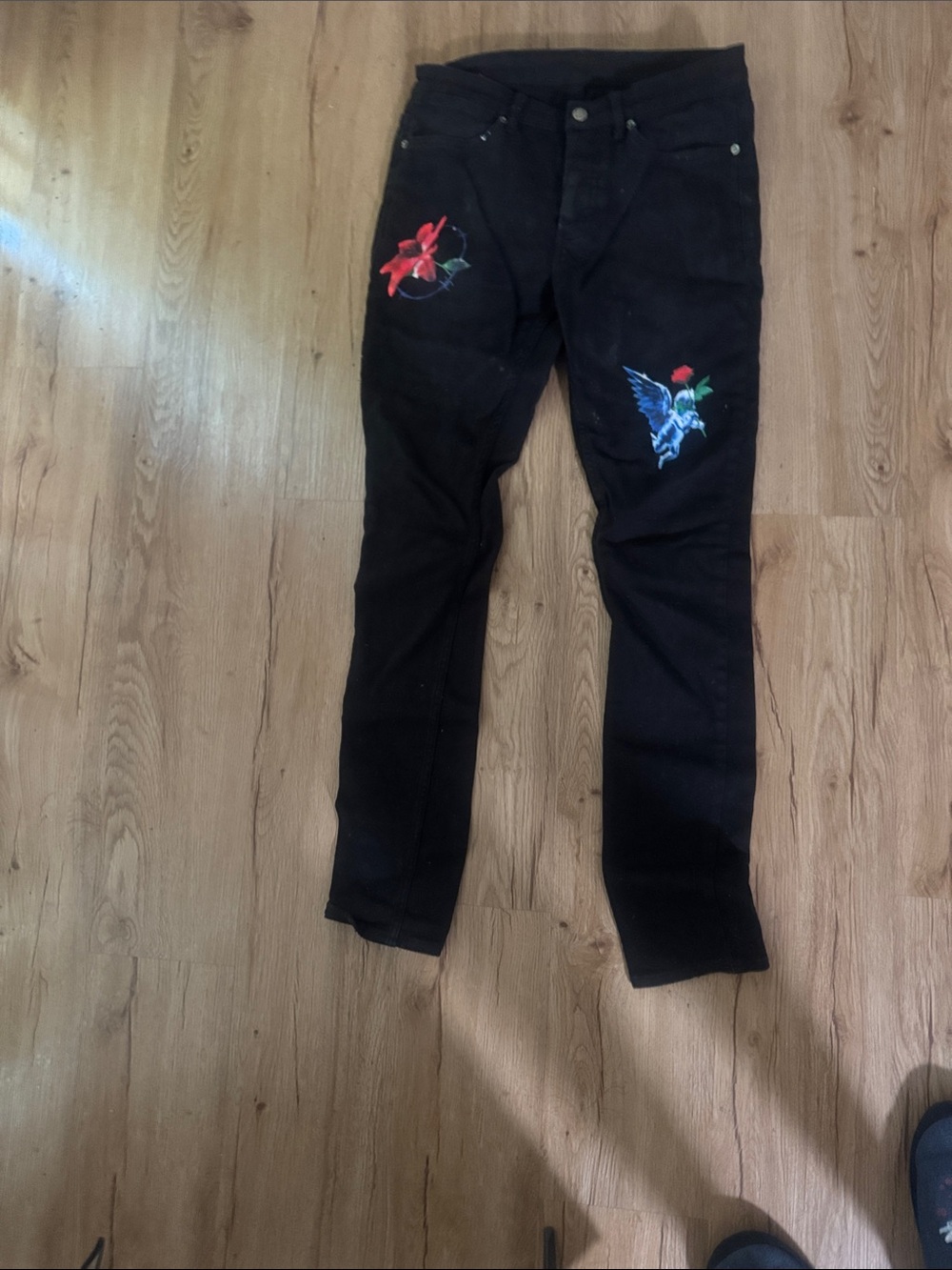 Ksubi Black Skinny Jeans with Red Floral & Blue Bird Embroidery